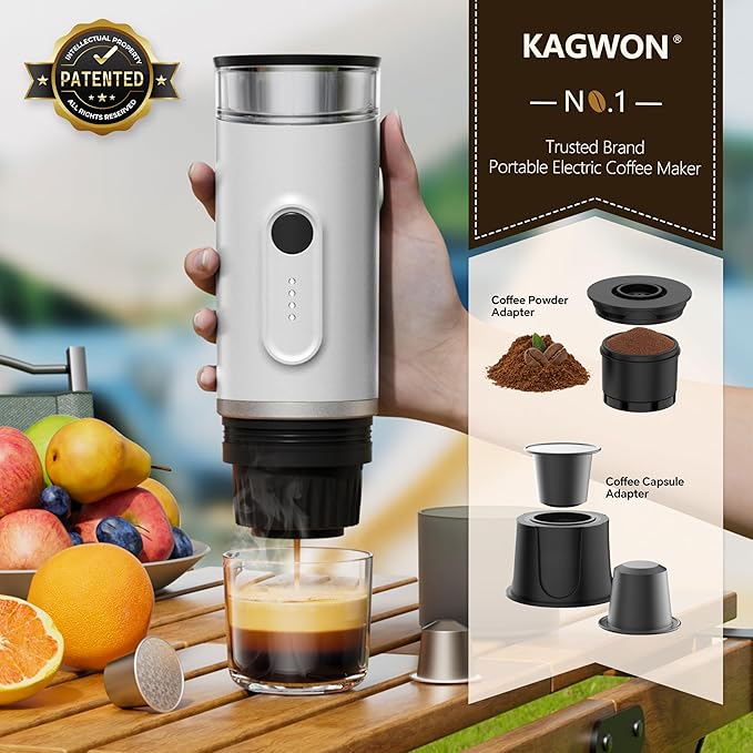 Portable Electric Espresso Machine, Self-Heating Travel Coffee Maker with USB-C, Compatible with Ground Coffee & NS Capsules, Ideal for Camping, Car, RV, Hiking & Office (White)