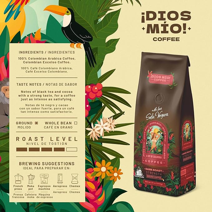 Dios Mio Coffee by Sofia Vergara, Dark Roast, Ground Premium Colombian Coffee, 12 Ounce Bag (Pack of 2)