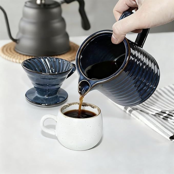 Vintage Ceramic Pour Over Coffee Maker with V60-Style Dripper and 40 Paper Filters (Blue)