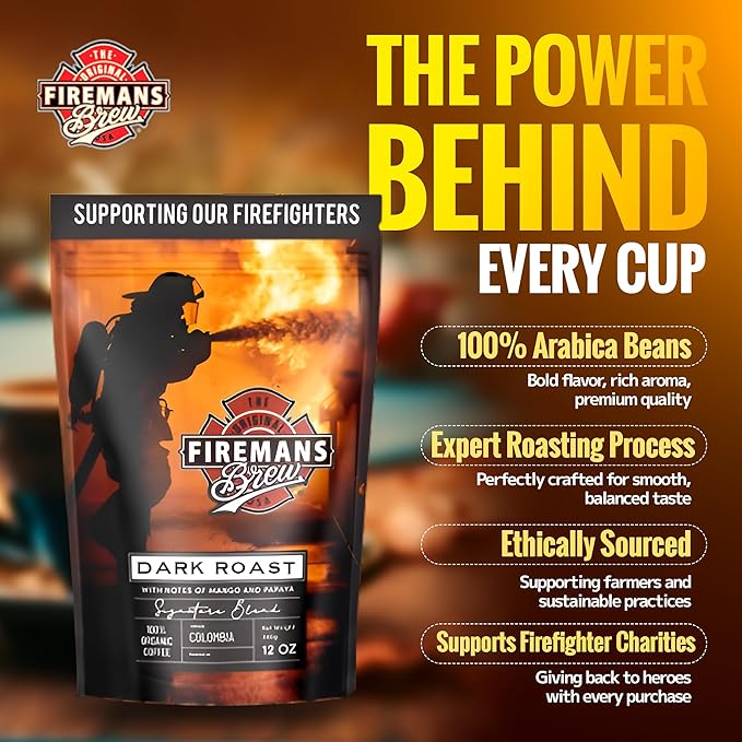 Firemans Brew Dark Roast Coffee – Bold & Robust Ground Coffee – 100% Arabica Beans, Rich, Full-Bodied Flavor – Freshly Roasted Gourmet Coffee – Low Acid, Small Batch Coffee – Supports Firefighter Causes