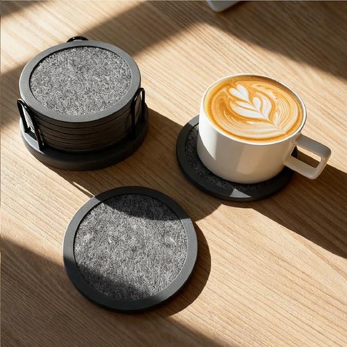 Set of 6 Non-Slip Silicone Coasters with Holder, Double-Sided Absorbent for Hot/Cold Drinks, Scratch & Water Ring Protection for Wood Tables, Home Office Bar, Black Gold Marble (Grey)