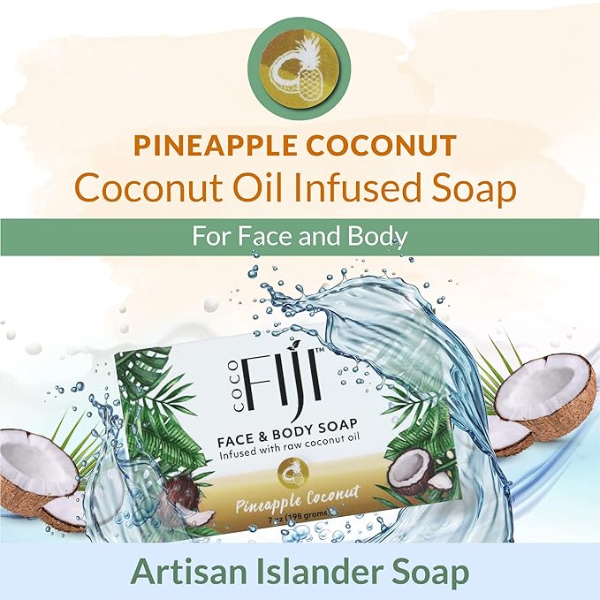 Coco Fiji Soap Bar for Face and Body Infused With Organic Coconut Oil, Pineapple Coconut, Essential Oil, Natural Soap for Moisturizing & Pore Purifying Skin, 7 oz,Pack of 12