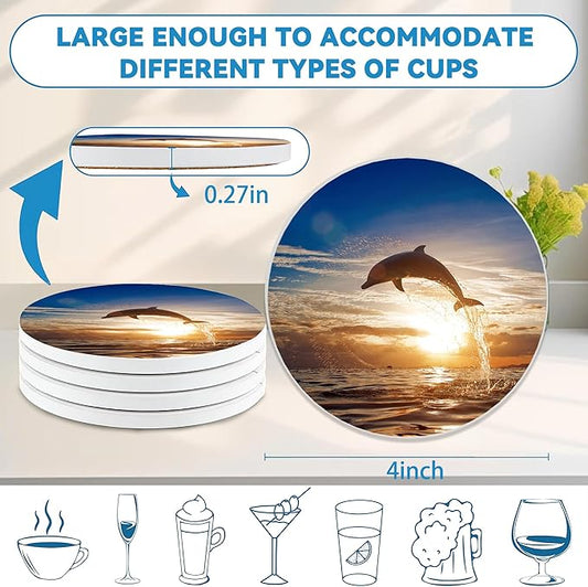 Dolphin Coasters Set of 4, Absorbent Ceramic with Cork Backing, Ocean Beach Coasters for Table Home Décor, Ideal Gifts for Women Men