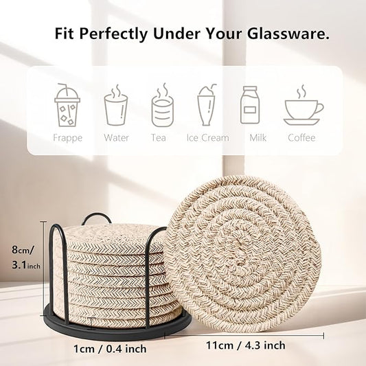 Coasters Set of 8 for Drinks, Beer, Coffee, Cotton Woven Absorbent Coaster with Holder, Boho Coasters for Home Decor Tabletop Protection Suitable for Kinds of Cups, Brown