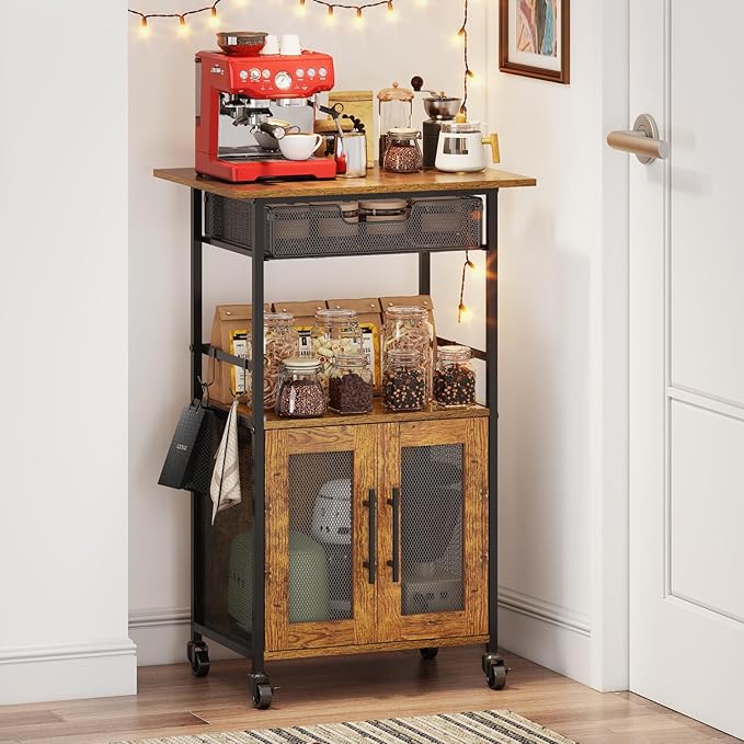 3 Tier Rolling Coffee Cart with 2-Door & Pull-Out Wire Basket Drawer, Movable Coffee Bar Cabinet on Lockable Casters, 32.7" H Microwave Cart with Storage for Home, Kitchen, Dining Room (Rustic Brown)