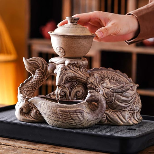 Semi Automatic Tea Set Ceramic Teapot with Infuser Magic Teapot with 8 cups (Retro Dragon-D)