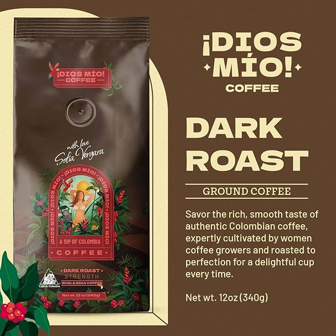 Dios Mio Coffee by Sofia Vergara, Dark Roast, Ground Premium Colombian Coffee, 12 Ounce Bag