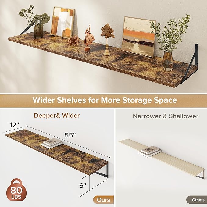 Deep Floating Shelves Wall Mounted, 55"x12" Brown Wood Shelves with Brackets Set of 2 for Bedroom, Living Room, Bathroom, Kitchen, Office - Storage & Display Shelf for Decor, Books, Plants