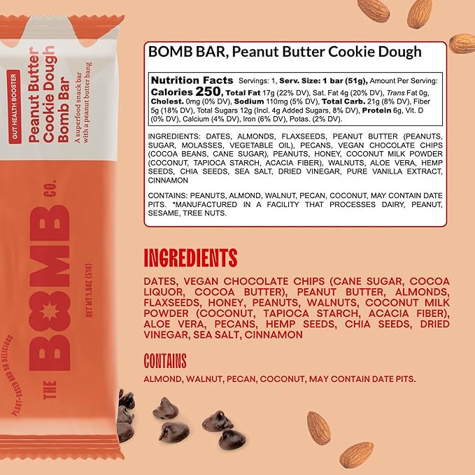 The Bomb Co. Blender Bomb Bar, Peanut Butter Cookie Dough, Superfood Snack Bar for Gut Health, Peanut Butter, Hemp Seeds, Chia Seeds, Flax Seeds, Sea Salt, Aloe Vera, Vegan Chocolate Chips, 9 Bars