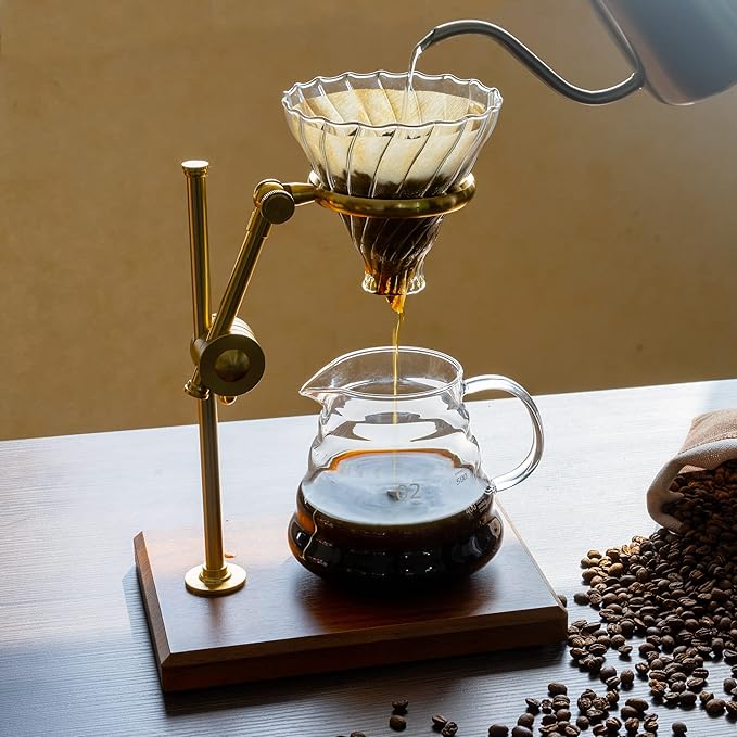 L'ÉPICÉA Pour Over Coffee Maker Set, Pour Over Coffee Maker with Stand, Adjustable Stainless Steel Stand, Wooden Base, Paper Filters, Cone Glass Coffee Carafe, Pour Over Coffee Dripper