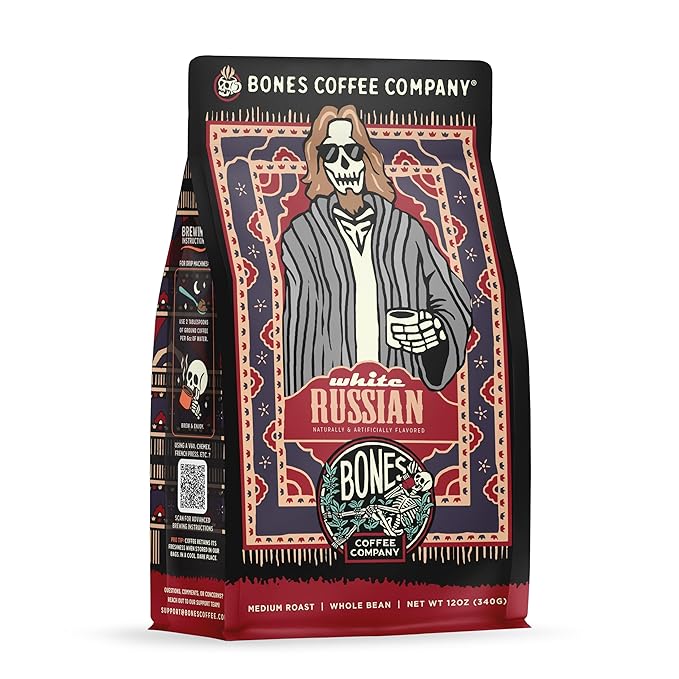 Bones Coffee Company White Russian, Cream and Cocktail Flavored Coffee, Medium Roast Low Acid Arabica Beans Compatible with Auto drip and French Press Coffee Maker, 12 Oz Whole Bean