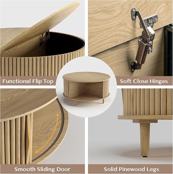 Round Coffee Table with Storage, 31.5" Natural Oak Fluted Center Table with Sliding Door, Modern Circle Drum Table for Living Room, Scandi Wood Furniture for Small Spaces