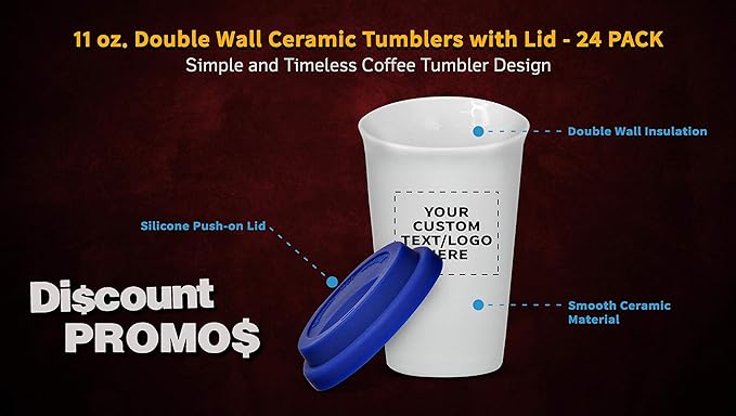 Personalized 11 oz. Double Wall Ceramic Tumblers with Lid - 24 Pack - Custom Text, Logo - Blue