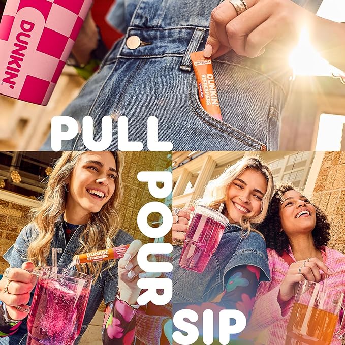 Dunkin’ Refreshers Singles To Go! Powdered drink mix packets, Peach Passionfruit Lemonade,10 packets per box Energy from Green Tea, aspartame-free, no synthetic colors, naturally and artificially flavored, just add water
