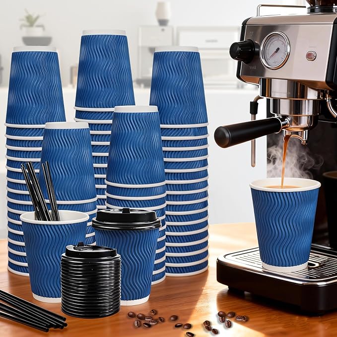 Coffee Cups, 100 Pack 12 oz Disposable Blue Insulated Paper Cups, Corrugated Kraft Ripple Wall Cup, Comes With Lids and Straws, Suitable for Hot and Cold Drinks