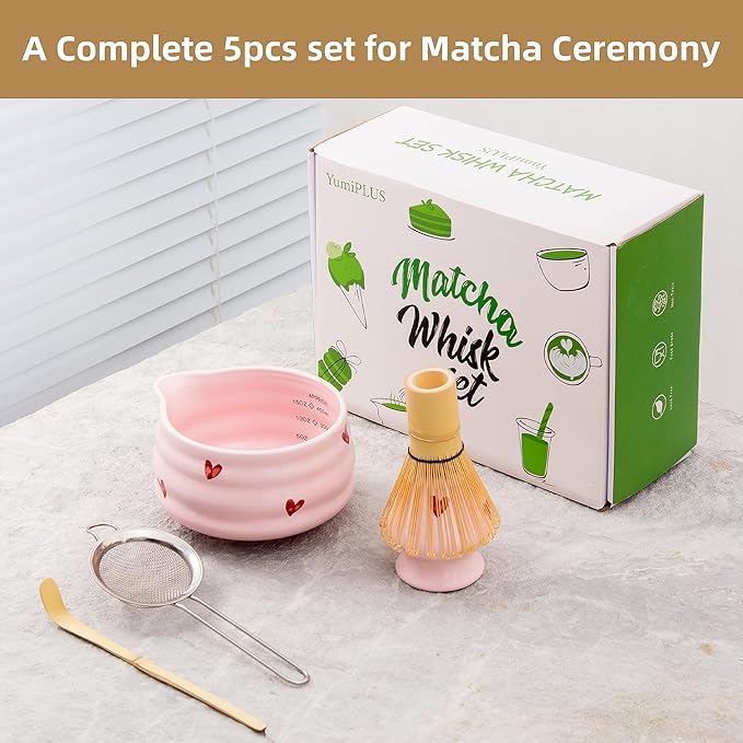 5pcs Premium Matcha Set,Ceramic Bowl with Spout and Bamboo Whisk set, Ceremonical Matcha Kit for breakfast/latte,Tea Starter Making Kit,Unique Matcha Gift set (pink love)