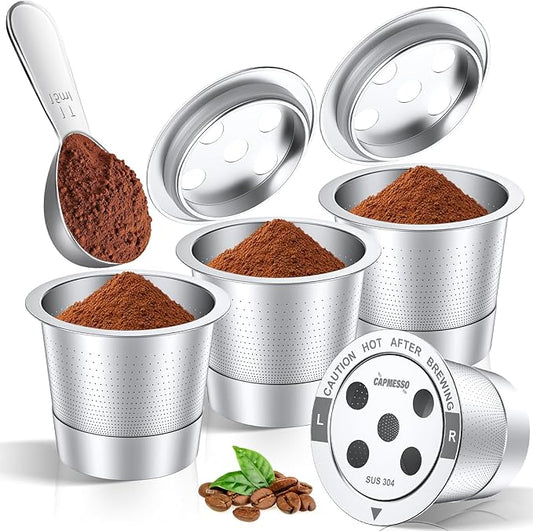 CAPMESSO Reusable K Cups for Keurig: 2026 Updated All Stainless Steel Coffee Pods with 5 Holes for Keurig K Supreme, K Slim, K Duo Gen 2 Multistream Coffee Maker with Scoop, Zero Plastic (4 Pack)
