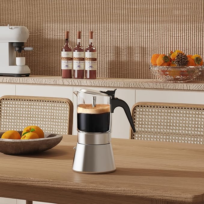 SIXAQUAE Induction Moka Pot, Crystal Glass-top & Stainless Steel Stovetop Espresso Maker,Classic Italian coffee maker (160ml)
