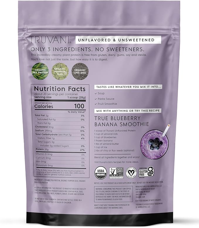 Truvani Vegan Pea Protein Powder | Unflavored | 20g Organic Plant Based Protein | 20 Servings | Keto | Gluten & Dairy Free | Low Carb | No Added Sugar