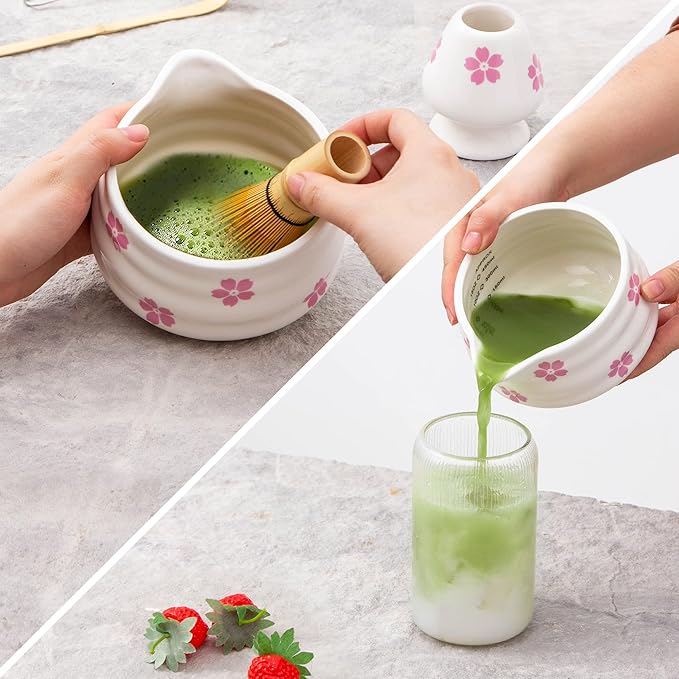 5pcs Premium Matcha Set,Ceramic Bowl with Spout and Bamboo Whisk set, Ceremonical Matcha Kit for breakfast/latte,Tea Starter Making Kit,Unique Matcha Gift set (sakura)