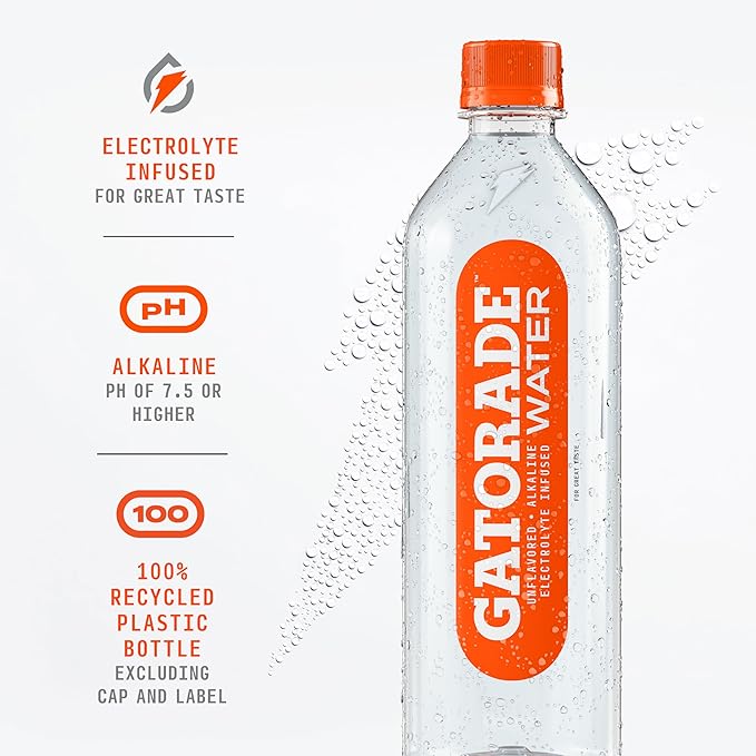 Gatorade Water, Unflavored, Electrolyte infused for great taste, Alkaline PH 7.5 or higher, 20 Fl Oz (Pack of 12)