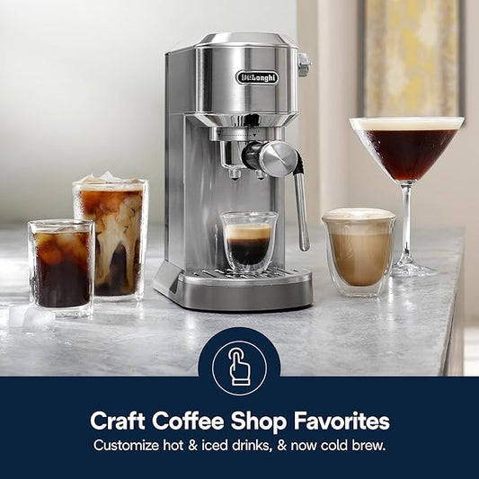 De'Longhi Dedica Duo Compact Espresso Machine - Cold Brew Coffee Maker with Milk Frother Wand- for Espresso, Hot & Iced Coffee, Cappuccinos, Lattes & Home Barista Brewing, Stainless Steel Finish