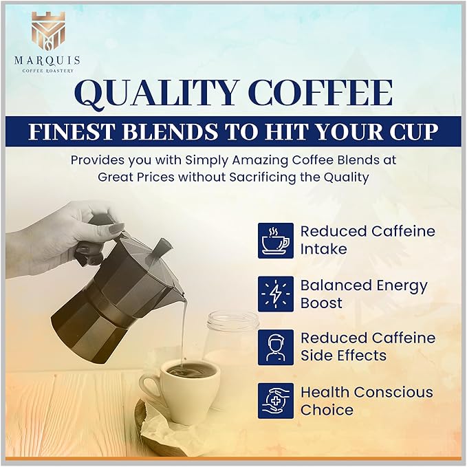 Marquis - Half Caff Ground Coffee, Rich Blend of Half Ethiopian Yirgacheffe & Colombian Decaf Ground Coffee, Fresh Dark Roast Coffee with a Fruity Flavor, Premium Half Caff - 1 lb