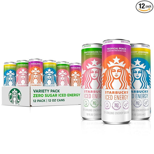 Starbucks Iced Energy Drink, 3 Flavor Variety Pack (Tropical Peach, Watermelon Splash, Blueberry Lemonade), Zero Sugar Energy Drink, Plant Based Caffeine, Hydration, Mental Clarity, 12x12 Fl Oz Cans