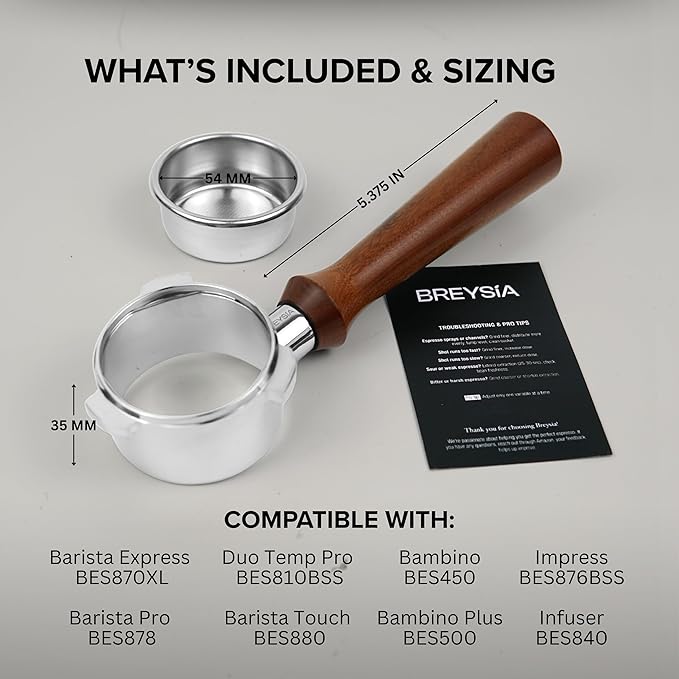 54mm Bottomless Portafilter – Compatible with Breville Espresso Machines – Portafilter 54mm with Ergonomic Rosewood Handle + 18g Basket | BREYIA