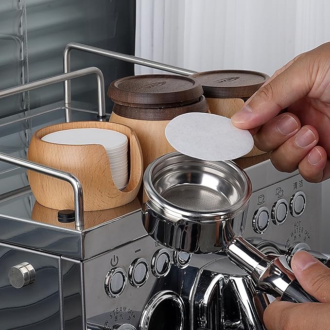 IKAPE Espresso Coffee Accessories, 200pcs 51MM Paper Filters, Replacement Espresso Puck Paper Filters with a Wooden Storage Holder, Compatible with 51mm Portafilter Basket