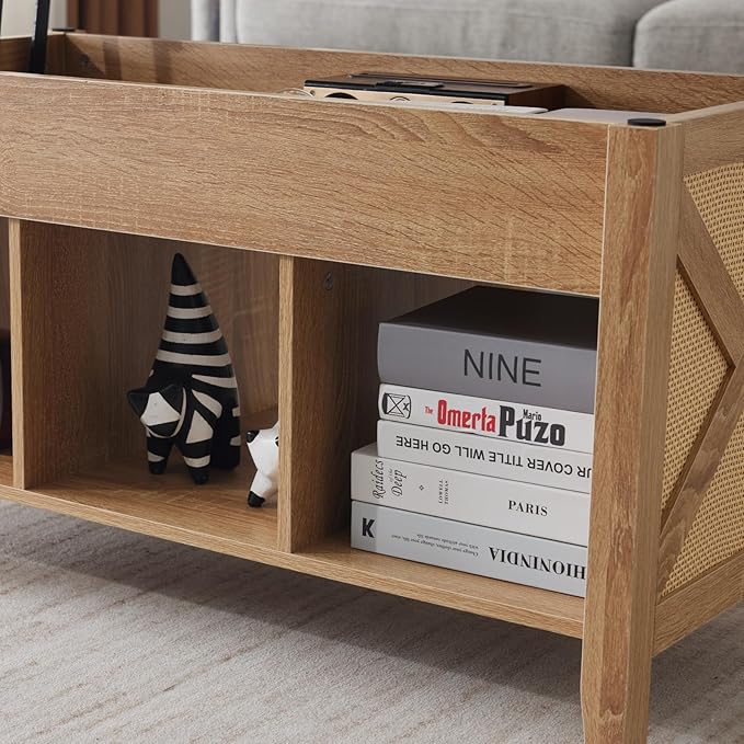 VINGLI Farmhouse Lift Top Coffee Table, Rustic Grey with Storage Shelf/Hidden Compartment, Mesa De Centro para Sala, Rustic Brown (Rattan Natural, 40" L)