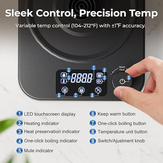 Gooseneck Electric Kettle, ±1°F Temperature Control, Smart Altitude Adaptation, 24H Keep Warm, 30-Min Auto Memory, Food Grade Stainless Steel, Pour Over Kettle for Coffee and Tea, 1200W/1.0L