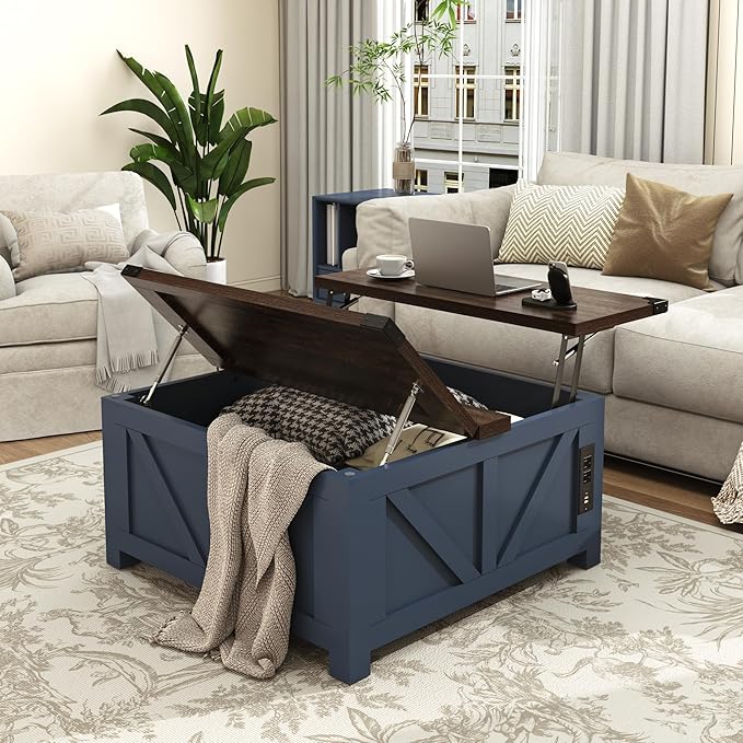 Farmhouse Lift Top Coffee Table with Storage, Wood Square Center Table with Charging Station&USB Port, Living Room Table w/Large Hidden Space, for Living Room, Bedroom, Home Office, Blue