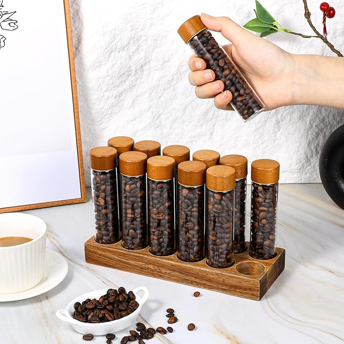 12 Pack Single Dose Coffee Bean Storage Tubes with Wooden Stand, Coffee Bean Cellar Container with Walnut Solid Wood Base, Espresso Beans Canisters Set (2 OZ)