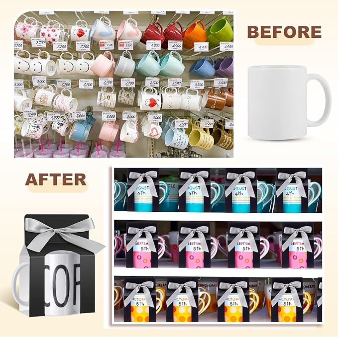 Kosiz 36 Pcs Mug Boxes Sublimation Coffee Mugs Gift Bags with Window Packaging Storage Box for Shipping Selling Wedding Valentines Gift Packaging Wrapping (for 11oz Mug,Black,Silver)