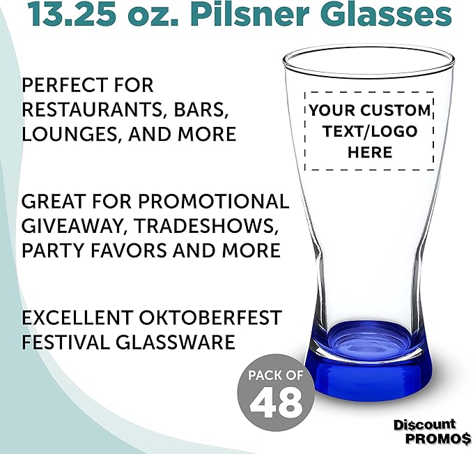 Custom Pilsner Glasses 13.25 oz. Set of 48, Personalized Bulk Pack - Made in the USA, Perfect for Hotels, Restaurants, Bars and Even Party Favors - Blue