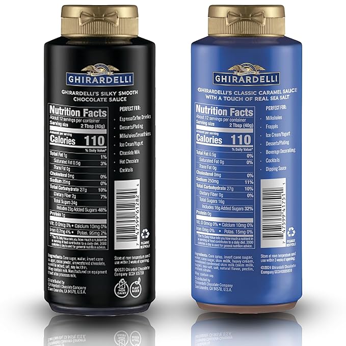Ghirardelli Flavored Sauce Variety Pack | 16 oz Bottles (Pack of 2) | Chocolate and Sea Salt Caramel Dessert Toppings for Coffee Drinks, Ice Cream, and Baking Recipes