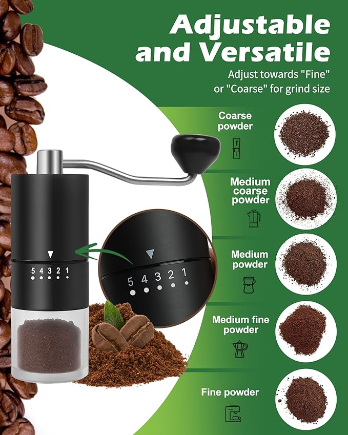 Stainless steel Burr Manual Coffee Grinder for Drip French Press,5 Adjustable Settings,Hand Coffee Grinder,For Home Use and Camping,Coffee Bean Grinders With Hand Crank (Stainless steel Burr-Black)