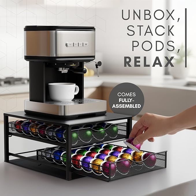 Coffee Pod Holders Drawer - 2 Tier K-Cup Holder Drawer with 56 Pod Cap, Kcup Storage Nonslip Rubber Mat - Dual Sliding K Cup Organizer, Coffee Station Organizer for Countertop Home Office