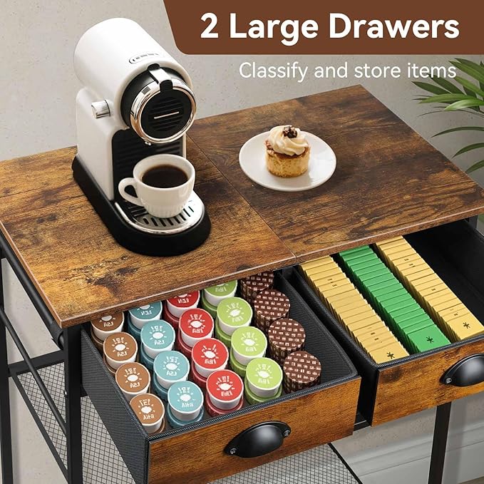Rolling Coffee Cart with Storage Drawers, Small Coffee Bar Cabinet with Adjustable Shelf and Wheels, Retro Industrial Buffet Sideboard Cabinet for Kitchen, Office, Rustic Brown