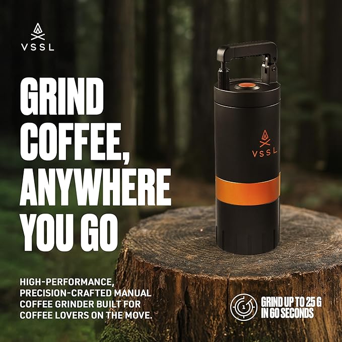 VSSL - Nest Pour Over Coffee Kit + Java G25 Bean Grinder Bundle | Coffee for Camping | Pour Over Dripper | Two 10oz Stainless Steel Travel Mugs | Sahara/Carbon