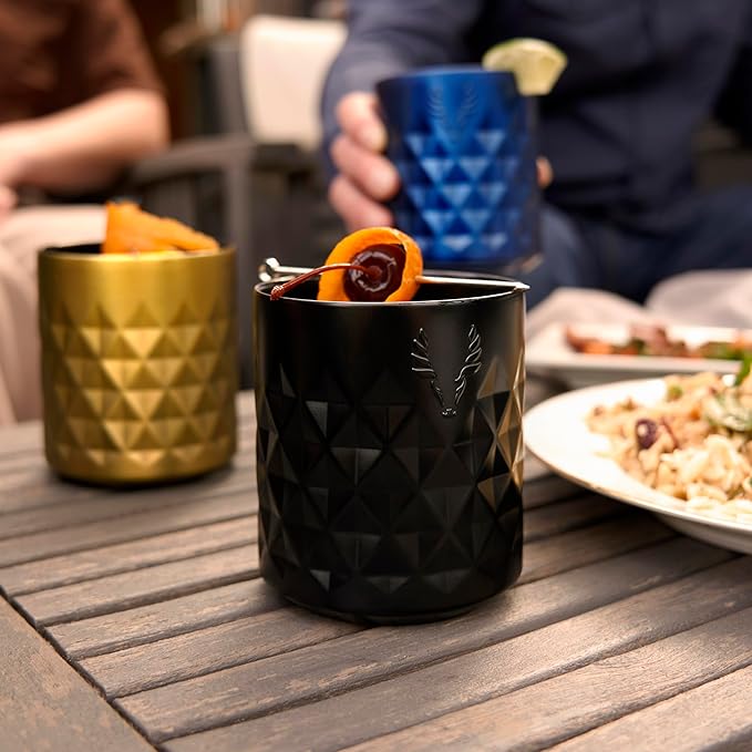 Viski Paragon Stainless Steel Rocks Tumbler Cup with Lid, Insulated Ceramic Lined Metal Whiskey Glass for Patio, Outdoor BBQ Party, Gifts for Drink Lovers, 12 oz, Set of 1, Obsidian Black