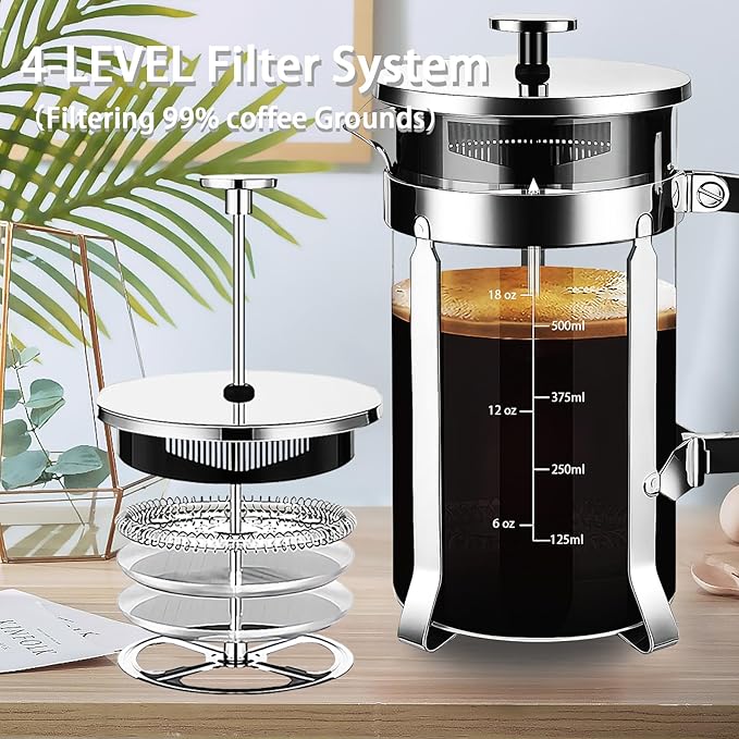 YMMIND French Press Coffee Maker 304 Stainless Steel Coffee Press,with 4 Filters System, Heat Resistant Thickness Borosilicate French Press Glass, BPA-Free Brewed Tea Pot Coffee Plunger(Copper 12oz)