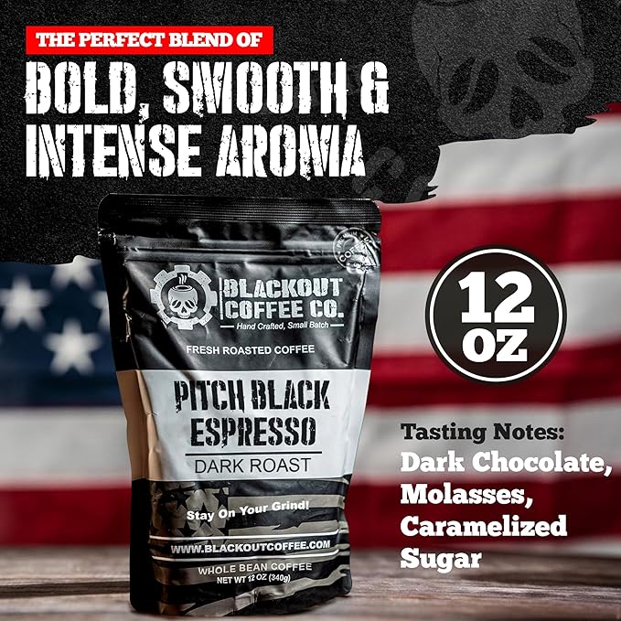 Blackout Coffee Pitch Black Espresso Whole Bean Coffee – Extra Dark Roast, European-Style, Powerfully Bold – Freshly Roasted 12oz Bag.