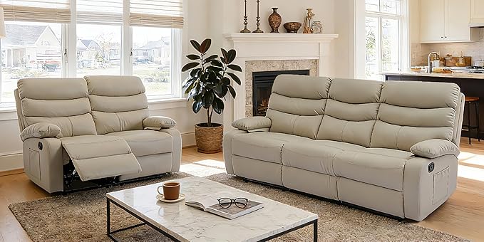 Reclining Couch Sofa Set Leather Recliner Couch Sofa and Loveseat Sets for Living Room, RV, Theater Seating(3 Seat Sofa+Loveseat,Beige)