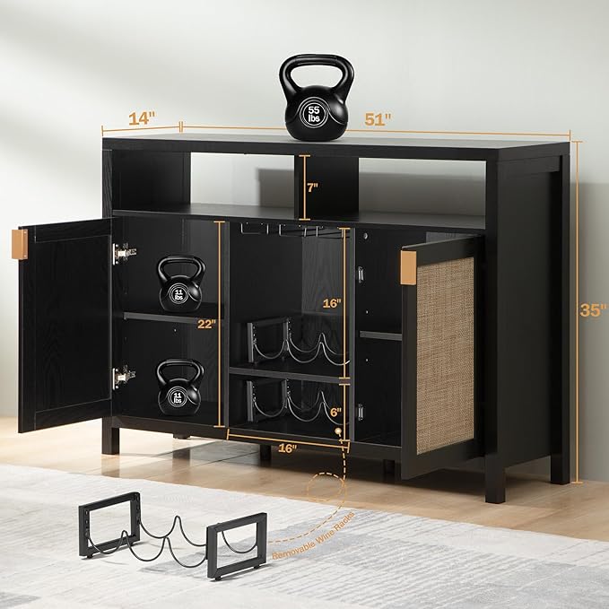 SICOTAS Rattan Coffee Bar Cabinet, 51" Sideboard Buffet Cabinet with Storage, Modern Liquor Cabinet with Wine Racks Credenza Console Buffet Table for Home Living Dining Room, Black Oak