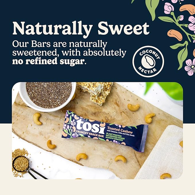 Tosi Nut Bars, Cashew, Healthy Snacks for Adults & Kids, Plant Based Crunchy Bars (6G Protein), Organic Keto Snacks, Vegan, Gluten & Soy Free, Low Sugar, Omega 3s, 1oz, 12-Pack