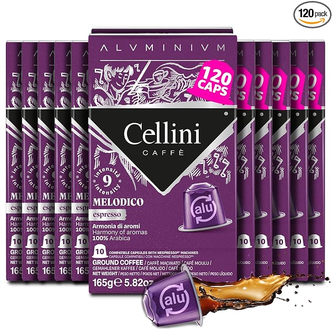 Cellini Caffè Melodico Aluminum Nespresso Pods, 120 Count, Dark Roast Coffee Capsules, 100% Nespresso Original Machine Compatible, Strong