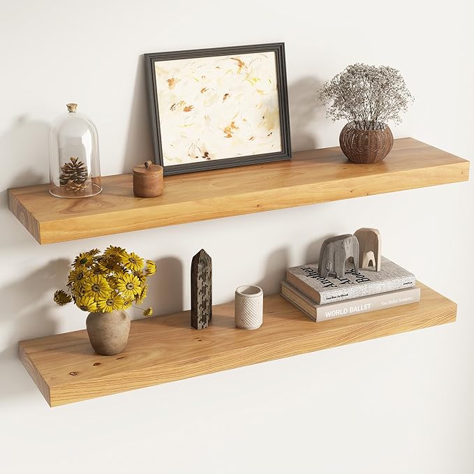 Elm Floating Shelves for Wall Decor, Rustic Solid Wood Shevles Wall Mounted with Invisible Bracket for Living Room Bathroom Bedroom Kitchen, 36 Inch Set of 2, Natural