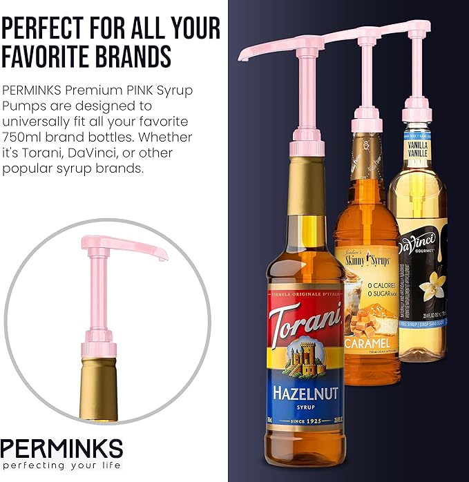 Premium Syrup Pump Compatible with Torani 750 ml Bottle, Davinci Syrups - No Spill, No Clog Syrup Pump Dispenser for Vanilla, Snow Cone, Blueberry, Coffee Flavoring & More (Pack of 3, Pink)